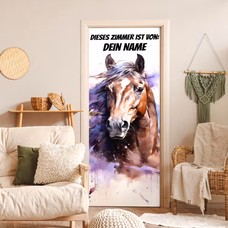 Künstlerisches Pferdeporträt im Aquarellstil mit personalisierbarem Namensfeld. deurposter klein -sfeer2