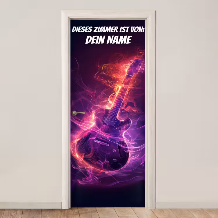 Leuchtende E-Gitarre im Neon-Stil mit personalisierbarem Namensfeld. deurposter klein -3d_beige