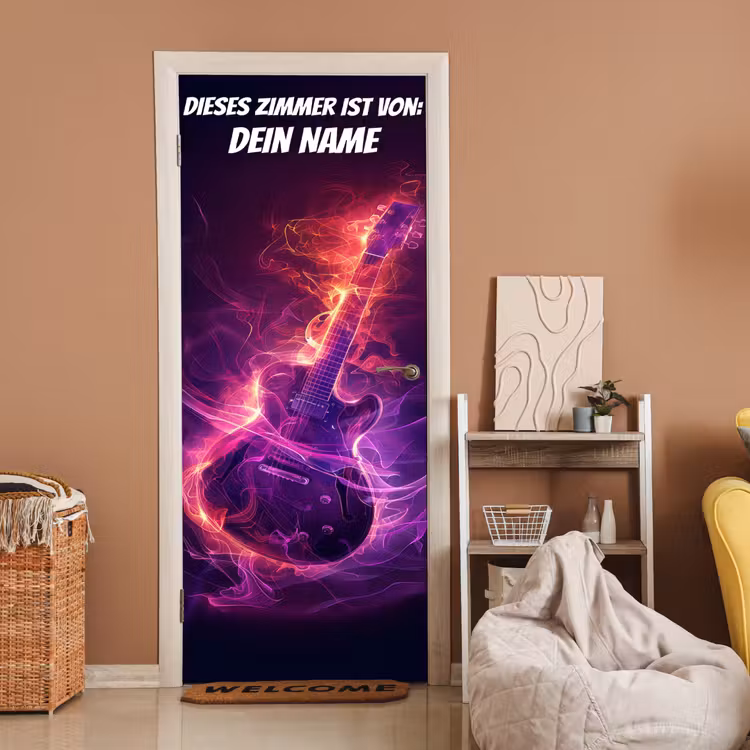 Leuchtende E-Gitarre im Neon-Stil mit personalisierbarem Namensfeld. deurposter klein -sfeer1
