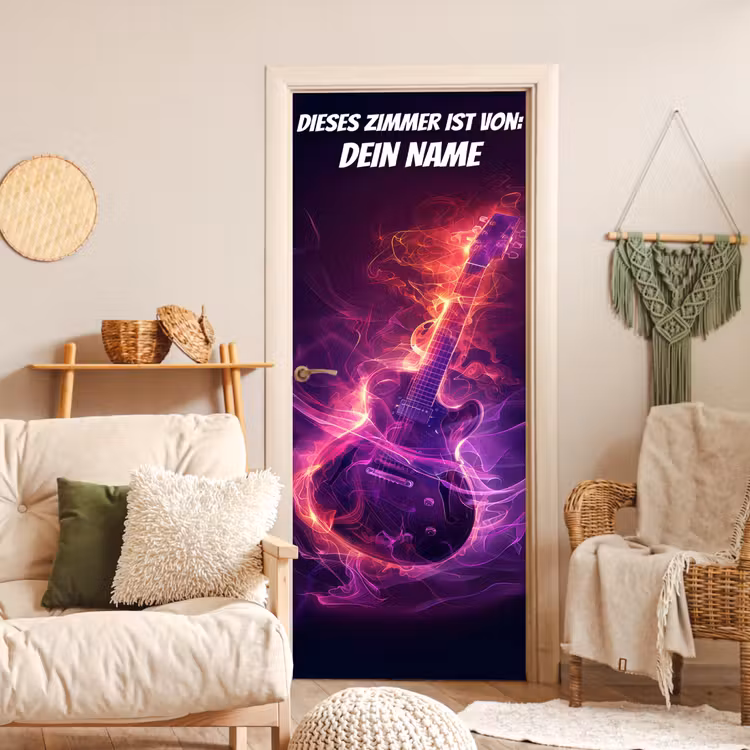 Leuchtende E-Gitarre im Neon-Stil mit personalisierbarem Namensfeld. deurposter klein -sfeer2