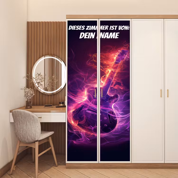 Leuchtende E-Gitarre im Neon-Stil mit personalisierbarem Namensfeld. deurposter klein -sfeer3