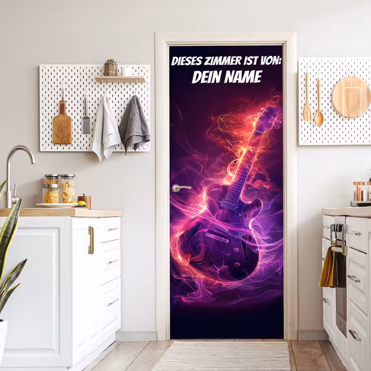 Leuchtende E-Gitarre im Neon-Stil mit personalisierbarem Namensfeld. deurposter klein -sfeer5