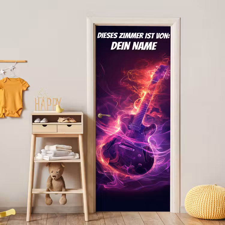 Leuchtende E-Gitarre im Neon-Stil mit personalisierbarem Namensfeld. deurposter klein -sfeer4