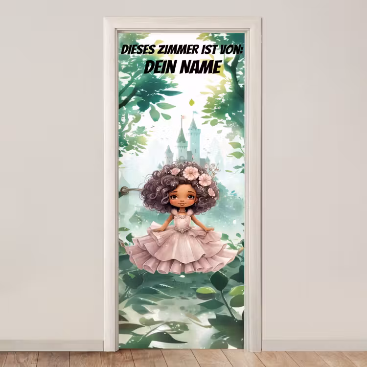 Märchenhafte Prinzessin vor Schloss mit Namensfeld. deurposter klein -3d_beige