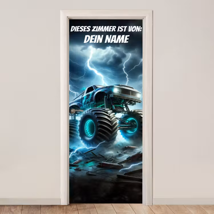 Monstertruck im Gewitter mit Namensfeld. deurposter klein -3d_beige