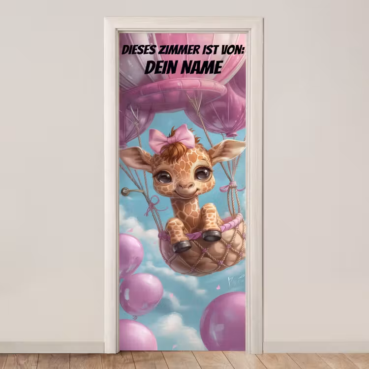 Niedliche Giraffe im Heißluftballon. deurposter klein -3d_beige