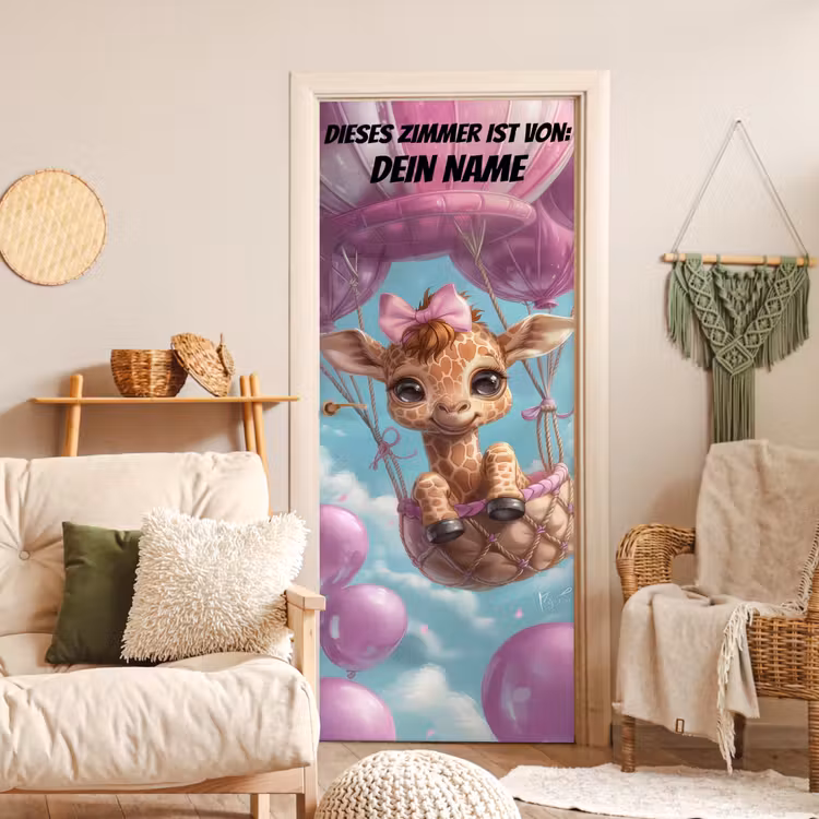 Niedliche Giraffe im Heißluftballon. deurposter klein -sfeer2