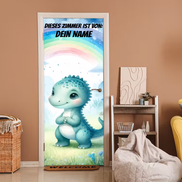 Niedlicher Dino unter Regenbogen im Aquarellstil. deurposter klein -sfeer1
