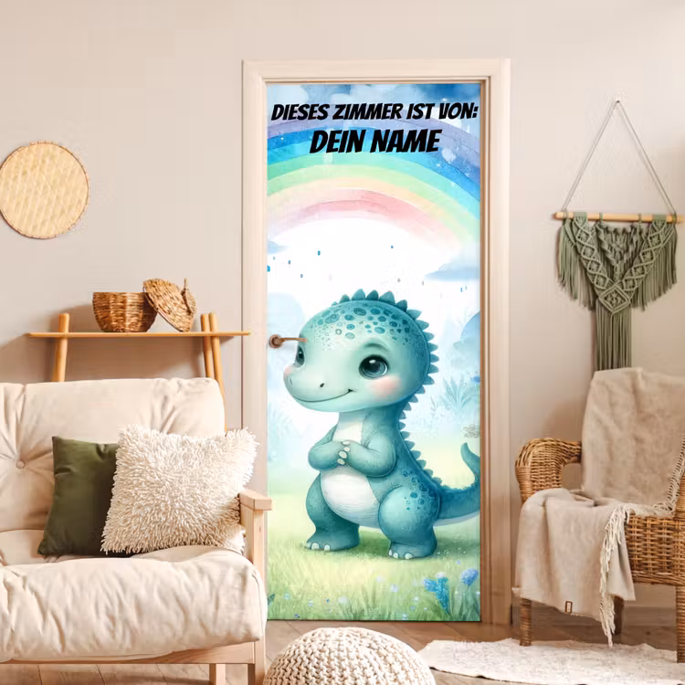 Niedlicher Dino unter Regenbogen im Aquarellstil. deurposter klein -sfeer2