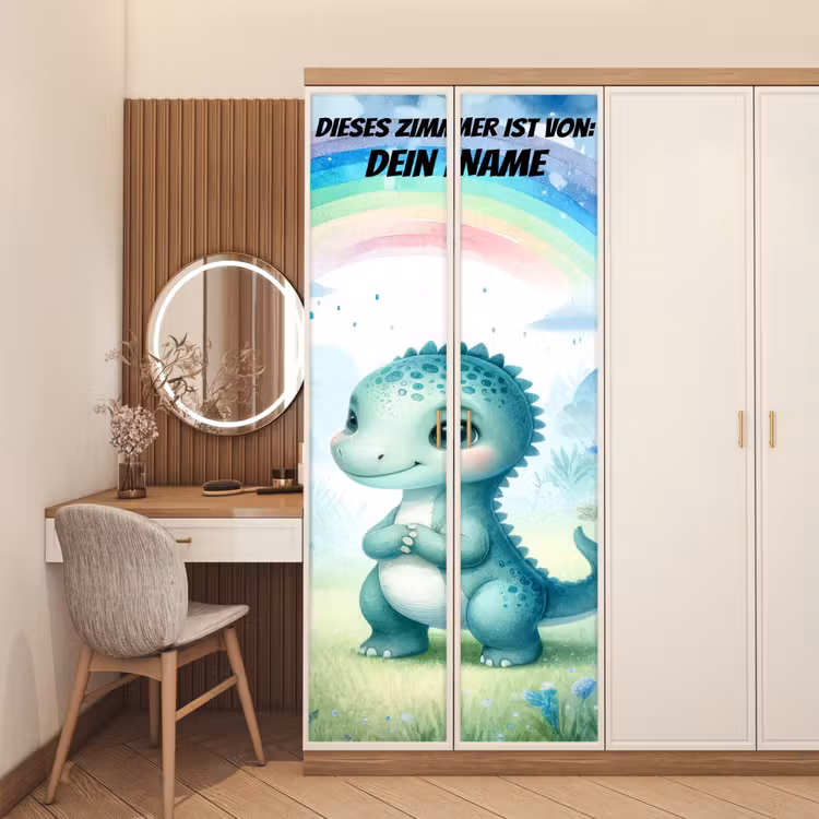 Niedlicher Dino unter Regenbogen im Aquarellstil. deurposter klein -sfeer3