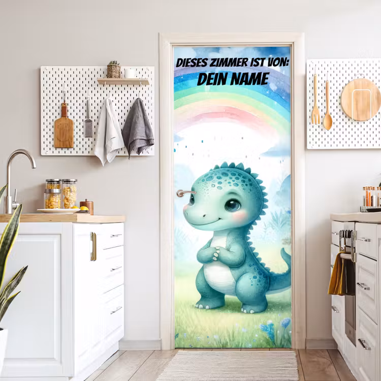 Niedlicher Dino unter Regenbogen im Aquarellstil. deurposter klein -sfeer5