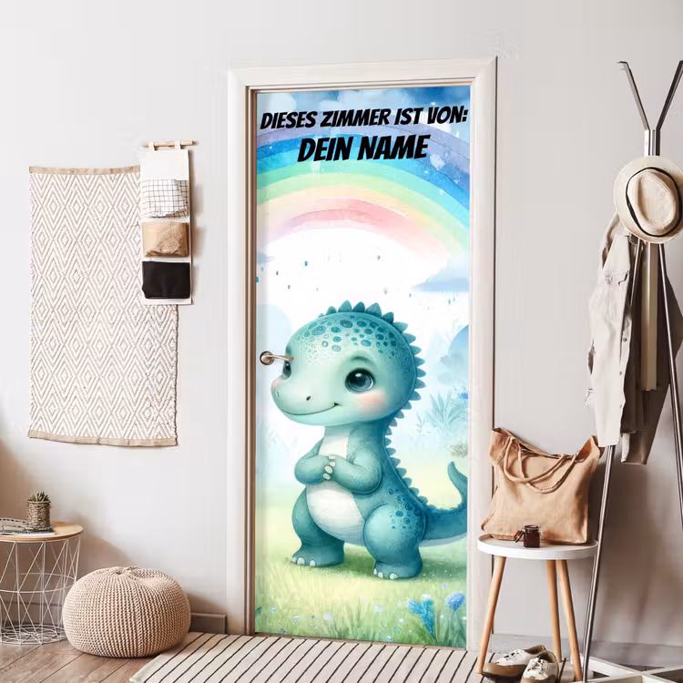 Niedlicher Dino unter Regenbogen im Aquarellstil. deurposter klein -sfeer6