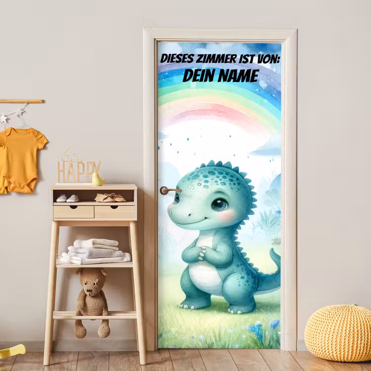 Niedlicher Dino unter Regenbogen im Aquarellstil. deurposter klein -sfeer4