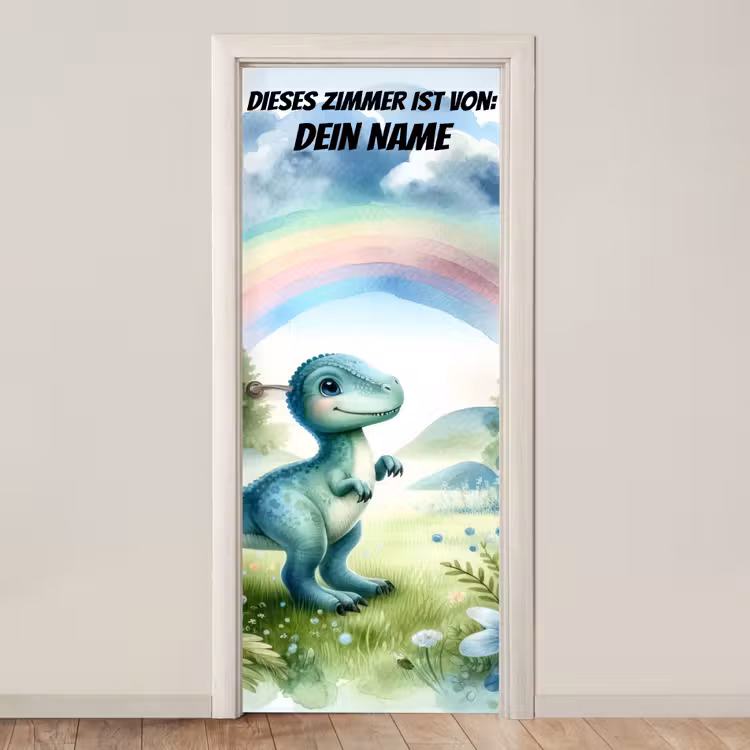 Niedlicher Dinosaurier unter Regenbogen. deurposter klein -3d_beige