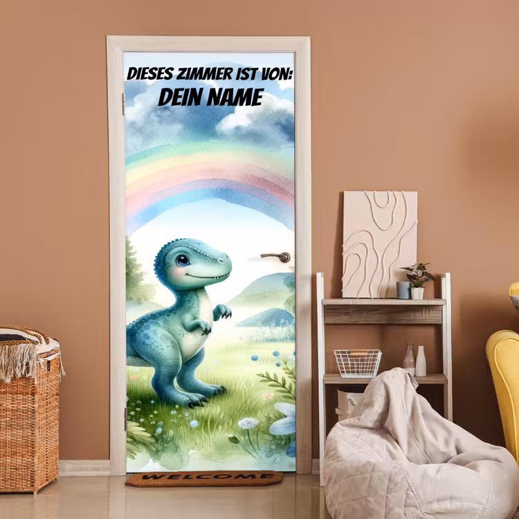Niedlicher Dinosaurier unter Regenbogen. deurposter klein -sfeer1