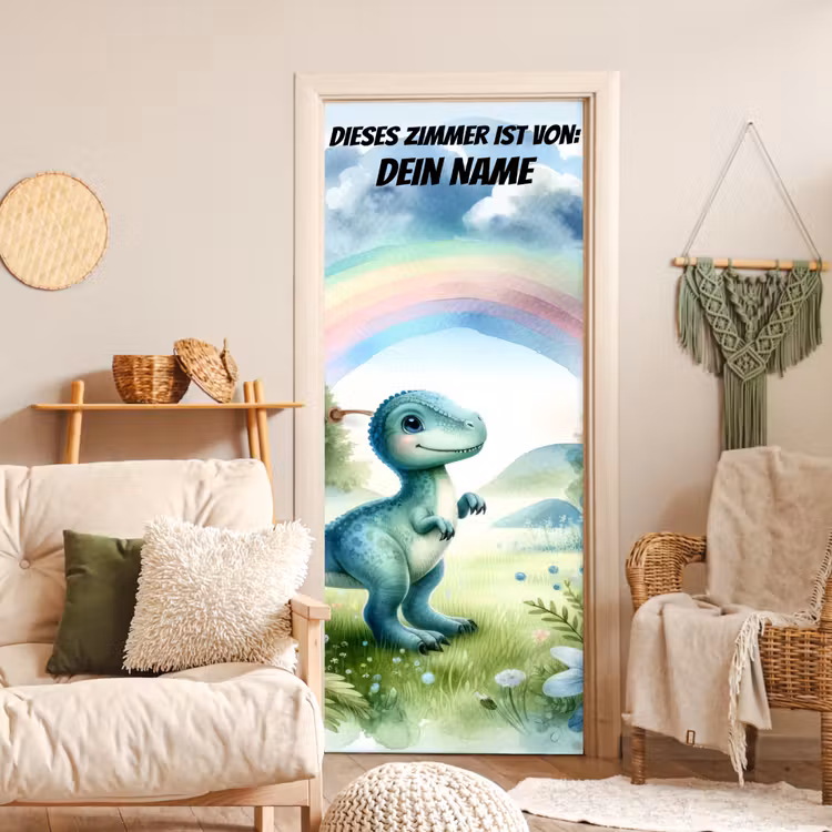 Niedlicher Dinosaurier unter Regenbogen. deurposter klein -sfeer2
