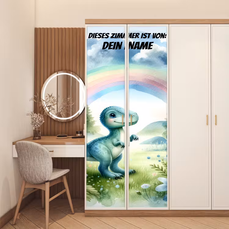Niedlicher Dinosaurier unter Regenbogen. deurposter klein -sfeer3