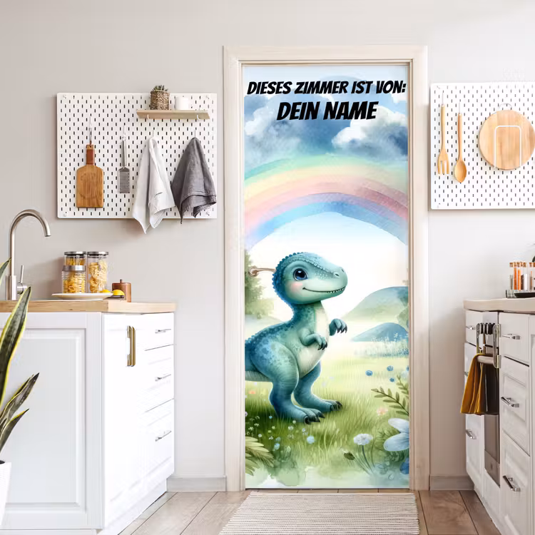 Niedlicher Dinosaurier unter Regenbogen. deurposter klein -sfeer5