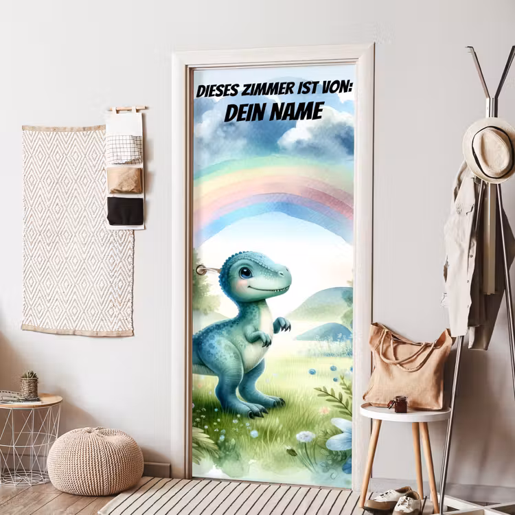 Niedlicher Dinosaurier unter Regenbogen. deurposter klein -sfeer6