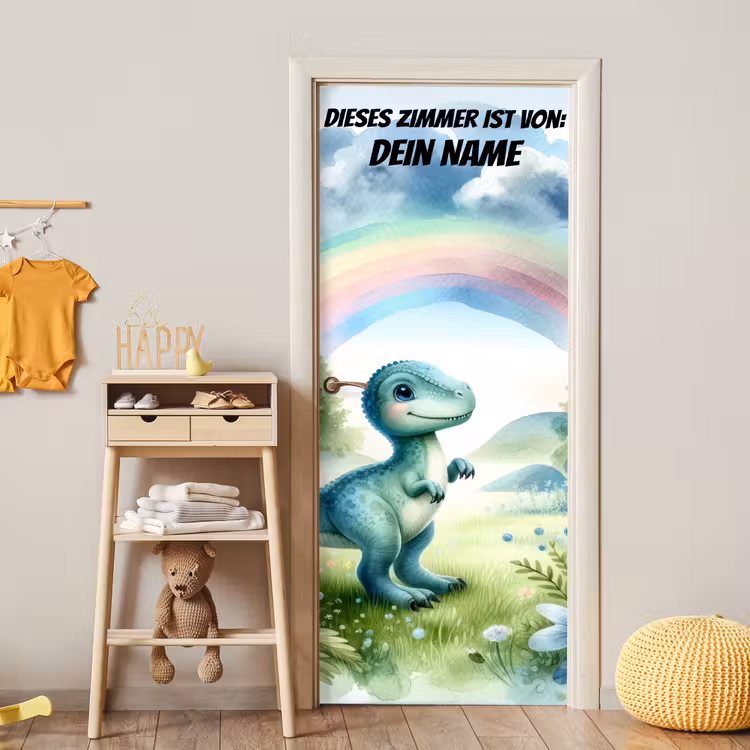 Niedlicher Dinosaurier unter Regenbogen. deurposter klein -sfeer4
