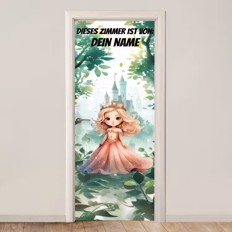 Prinzessin mit Krone vor Schloss im Wald. deurposter klein -3d_beige