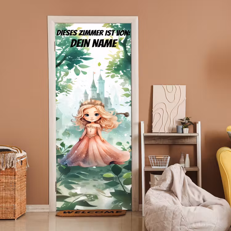 Prinzessin mit Krone vor Schloss im Wald. deurposter klein -sfeer1
