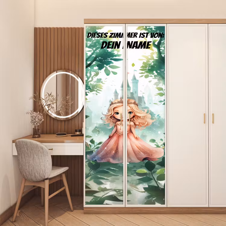 Prinzessin mit Krone vor Schloss im Wald. deurposter klein -sfeer3