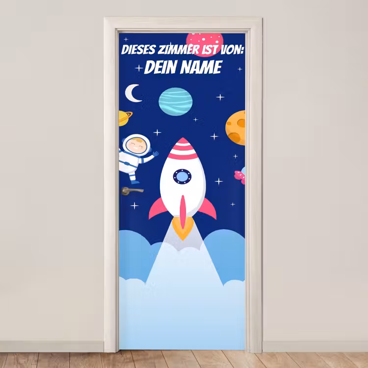 Rakete mit Astronaut im Weltraum. deurposter klein -3d_beige