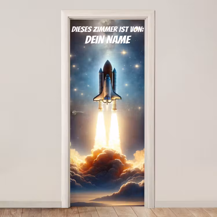 Raketenstart im Weltraum mit Namensfeld. deurposter klein -3d_beige