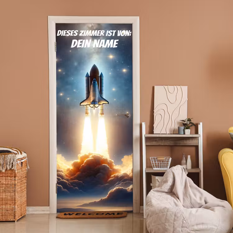 Raketenstart im Weltraum mit Namensfeld. deurposter klein -sfeer1