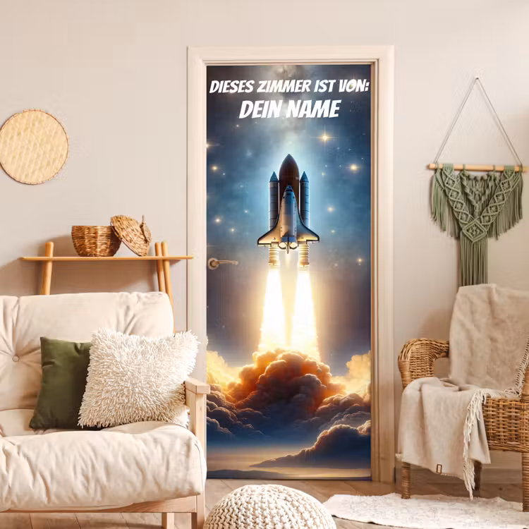 Raketenstart im Weltraum mit Namensfeld. deurposter klein -sfeer2