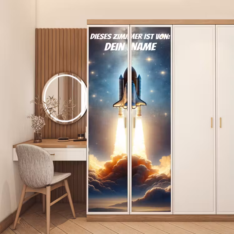 Raketenstart im Weltraum mit Namensfeld. deurposter klein -sfeer3