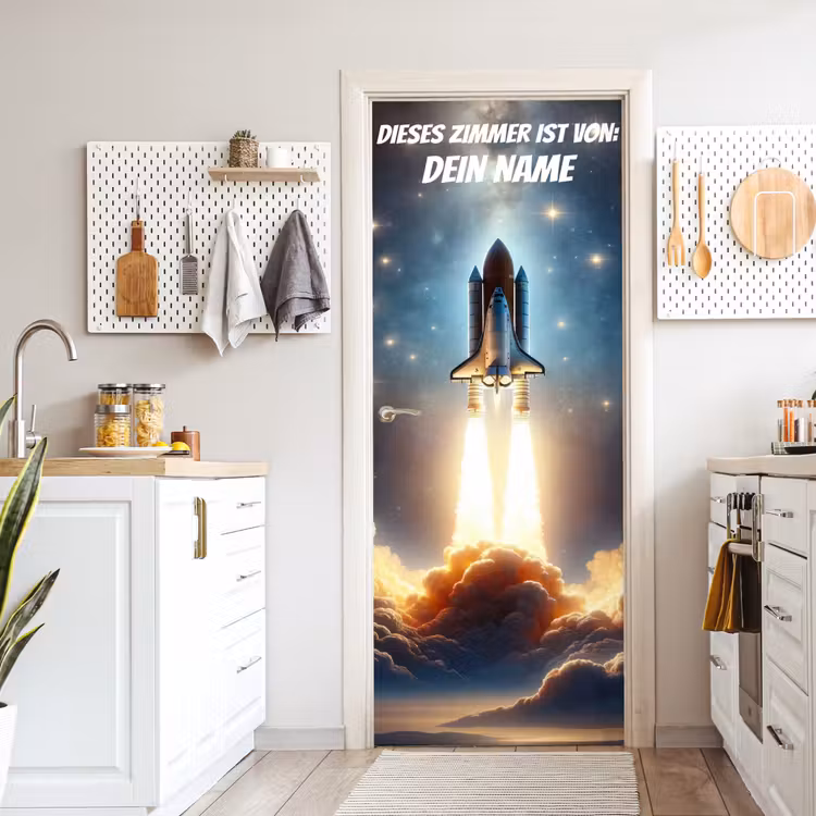 Raketenstart im Weltraum mit Namensfeld. deurposter klein -sfeer5