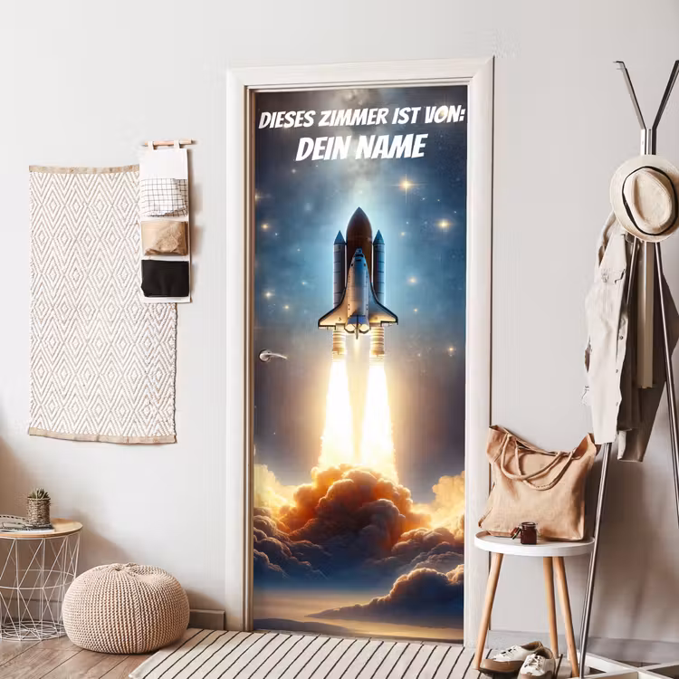 Raketenstart im Weltraum mit Namensfeld. deurposter klein -sfeer6