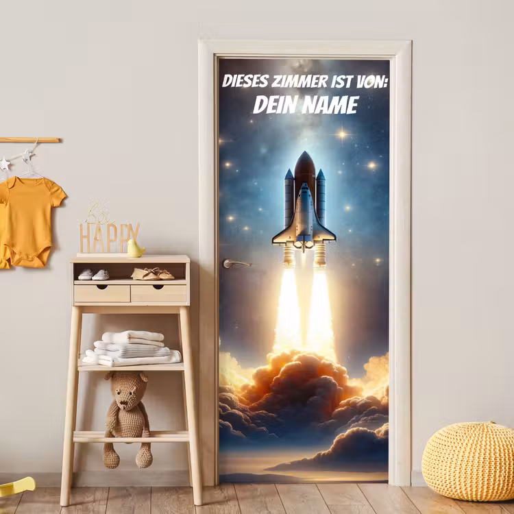 Raketenstart im Weltraum mit Namensfeld. deurposter klein -sfeer4