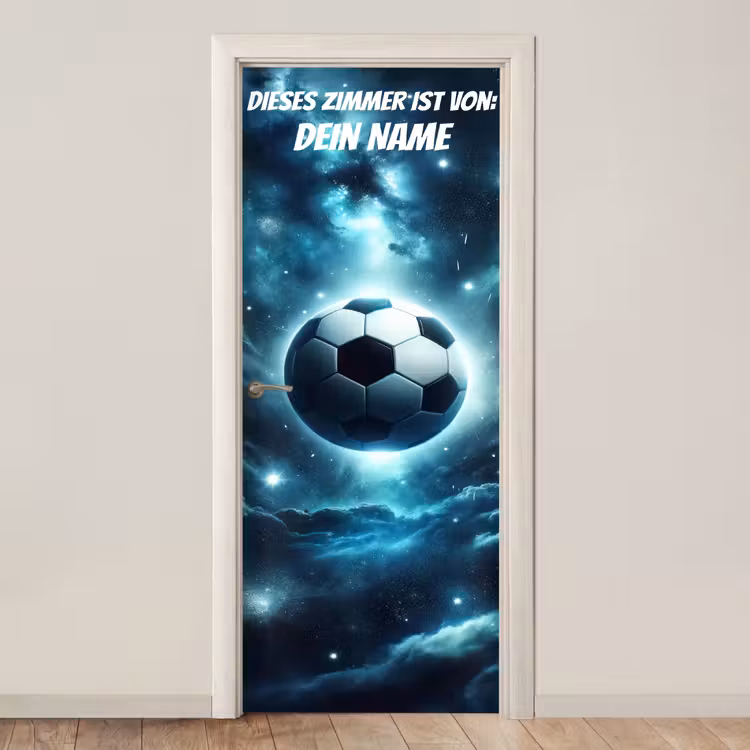 Schwebender Fußball im Weltraum mit Namensfeld. deurposter klein -3d_beige