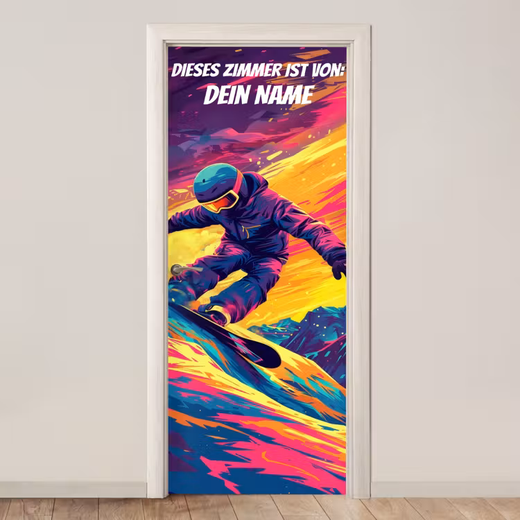 Snowboarder im Neon-Style auf bunter Piste mit personalisierbarem Namensfeld. deurposter klein -3d_beige