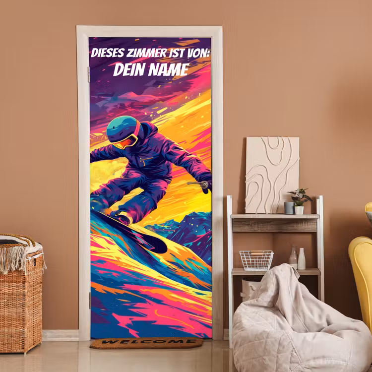 Snowboarder im Neon-Style auf bunter Piste mit personalisierbarem Namensfeld. deurposter klein -sfeer1