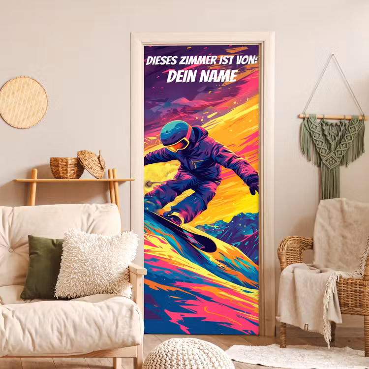 Snowboarder im Neon-Style auf bunter Piste mit personalisierbarem Namensfeld. deurposter klein -sfeer2