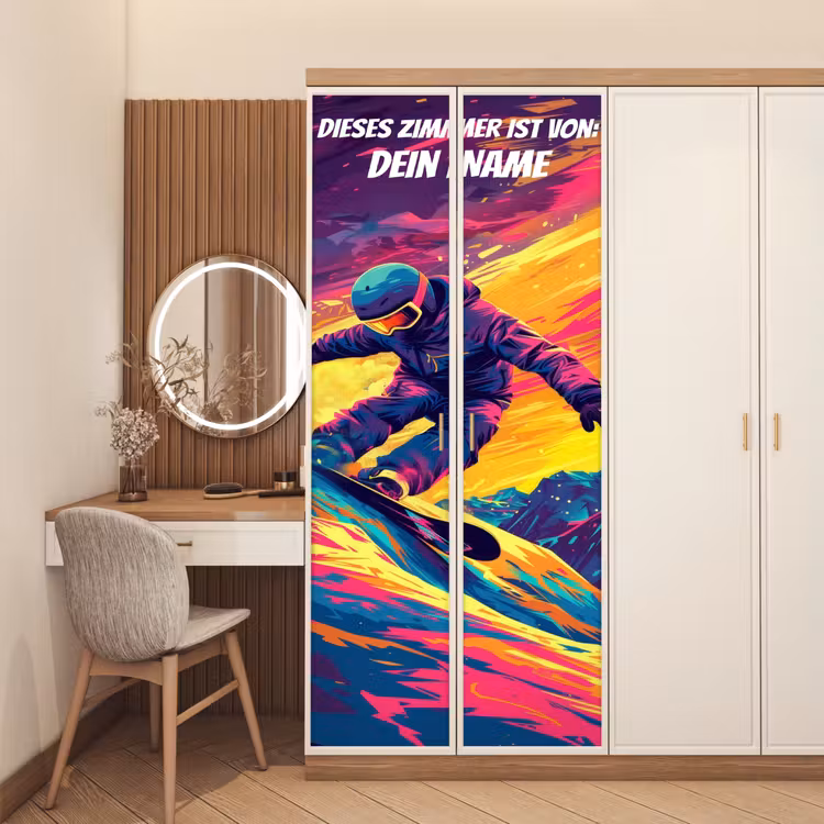 Snowboarder im Neon-Style auf bunter Piste mit personalisierbarem Namensfeld. deurposter klein -sfeer3