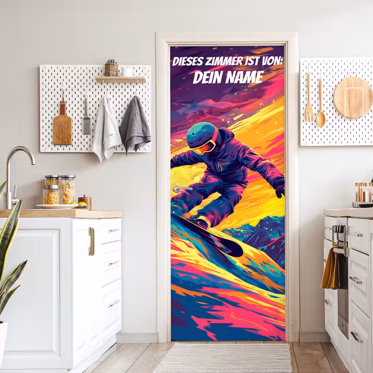 Snowboarder im Neon-Style auf bunter Piste mit personalisierbarem Namensfeld. deurposter klein -sfeer5