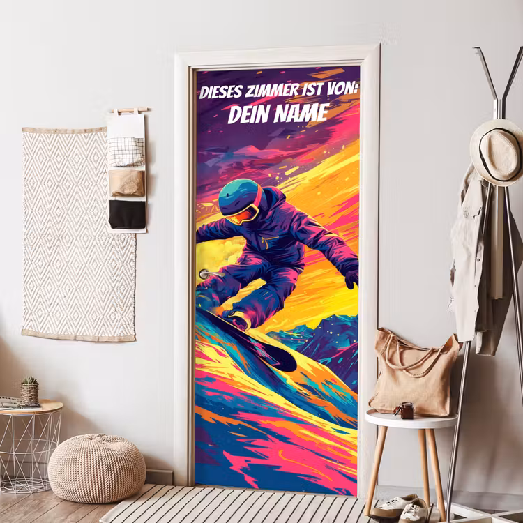 Snowboarder im Neon-Style auf bunter Piste mit personalisierbarem Namensfeld. deurposter klein -sfeer6
