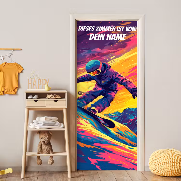 Snowboarder im Neon-Style auf bunter Piste mit personalisierbarem Namensfeld. deurposter klein -sfeer4