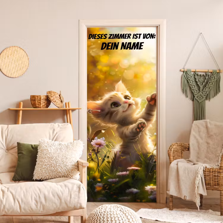 Spielendes Kätzchen im Blumenfeld mit Namensfeld. deurposter klein -sfeer2