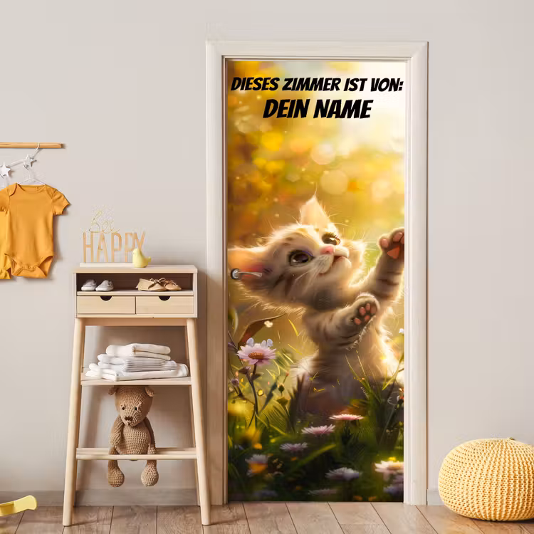 Spielendes Kätzchen im Blumenfeld mit Namensfeld. deurposter klein -sfeer4