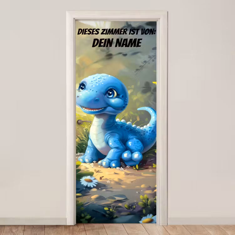 Süßer blauer Dino im Wald mit Namensfeld. deurposter klein -3d_beige