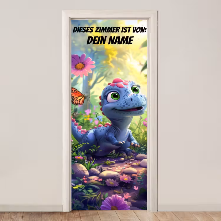 Süßer Dino im Blumenfeld mit Namensfeld. deurposter klein -3d_beige