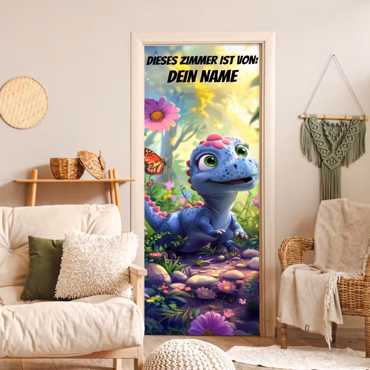 Süßer Dino im Blumenfeld mit Namensfeld. deurposter klein -sfeer2