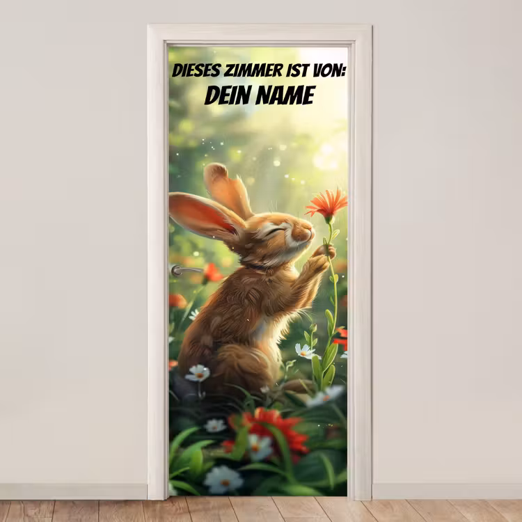 Süßer Hase mit Blume und Namensfeld. deurposter klein -3d_beige