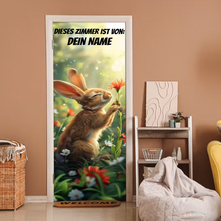 Süßer Hase mit Blume und Namensfeld. deurposter klein -sfeer1
